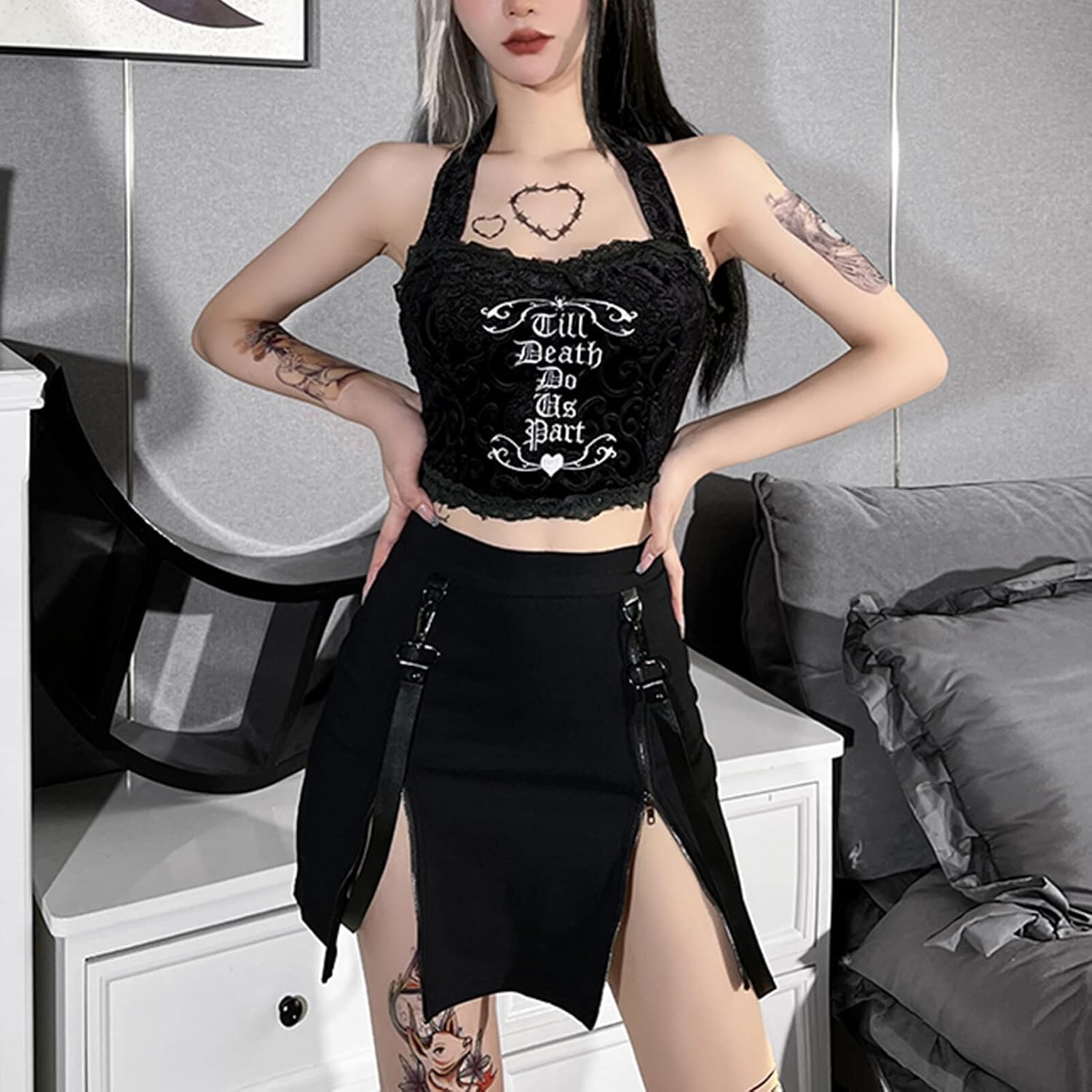 SEAUR Gotisk kjol dam, svart, kort, punk minikjol, steampunk, kjol, cosplay, party, klubb, slitage, hög midja, A-linje, spets, veckad kjol – S, M, L, XL