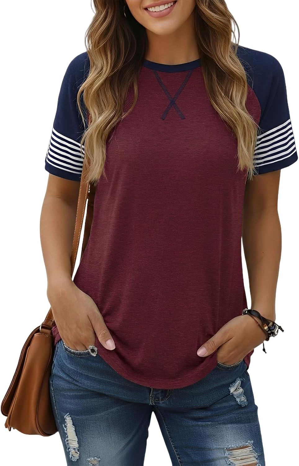 Cuptacc T-shirt, dam, elegant färgmatchning, raglan, kortärmad t-shirt, damer, randig, ledig tunika, lös, rund hals toppar