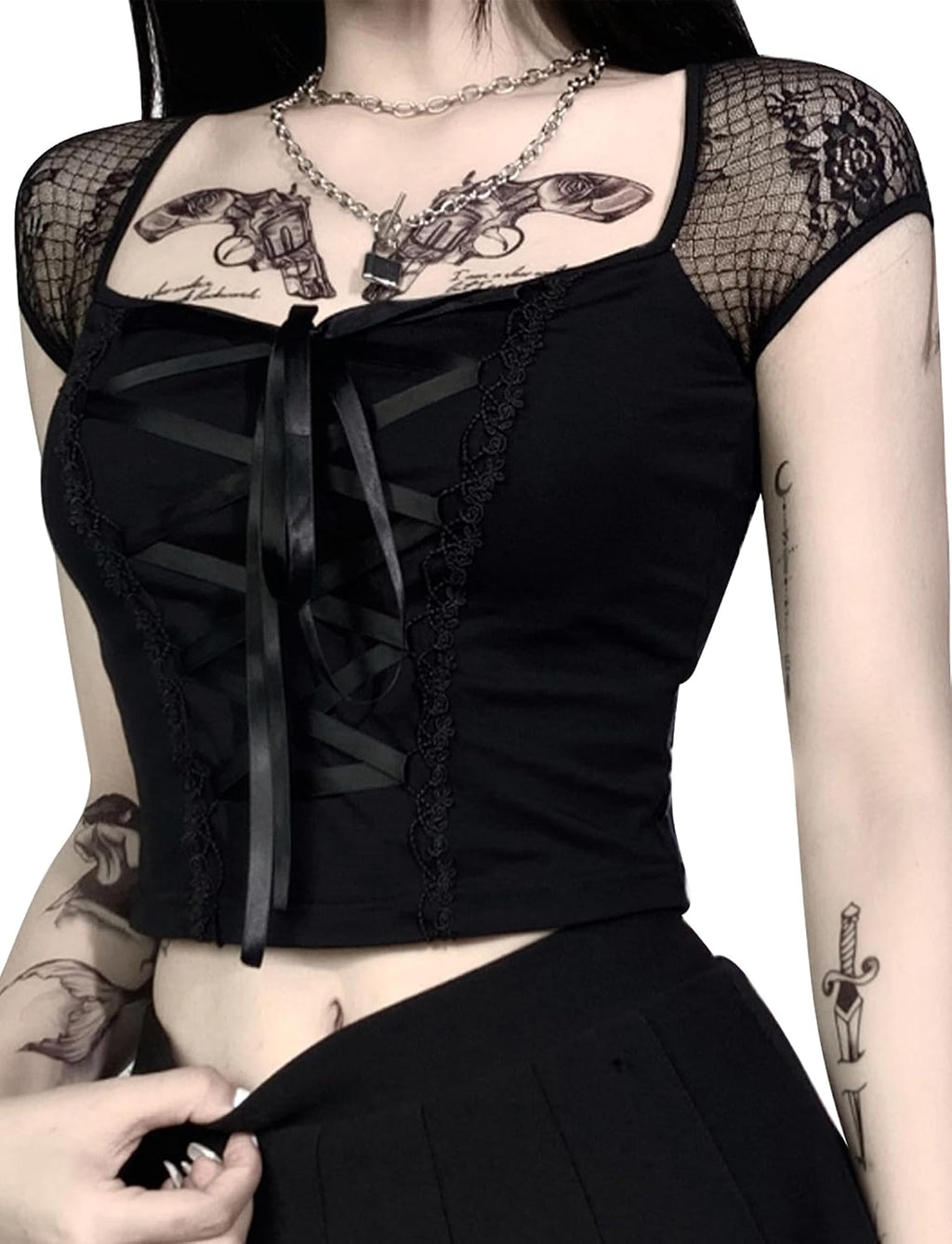 FEOYA Spets/PU gotisk väst för kvinnor sexig ärmlös punk magtröja kort/långärmad snörning toppar för halloween/cosplay/karneval/streetwear/fest/klubb/vardaglig XS-XL