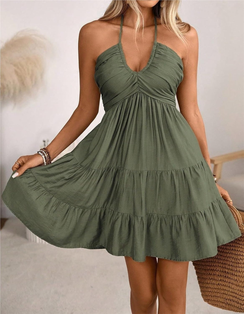 Kvinnors sommar miniklänning Grimma Rygglös Ärmlös A Line Ruffle Hem Flowy Cami Klänningar Sundress