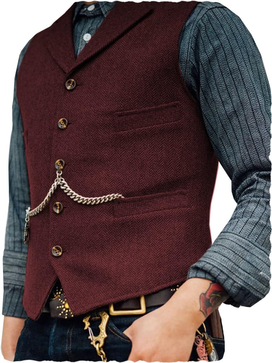 Ceehuteey Herr kostymväst i tweed med retro v-hals i ull och fiskbensmönster för bal