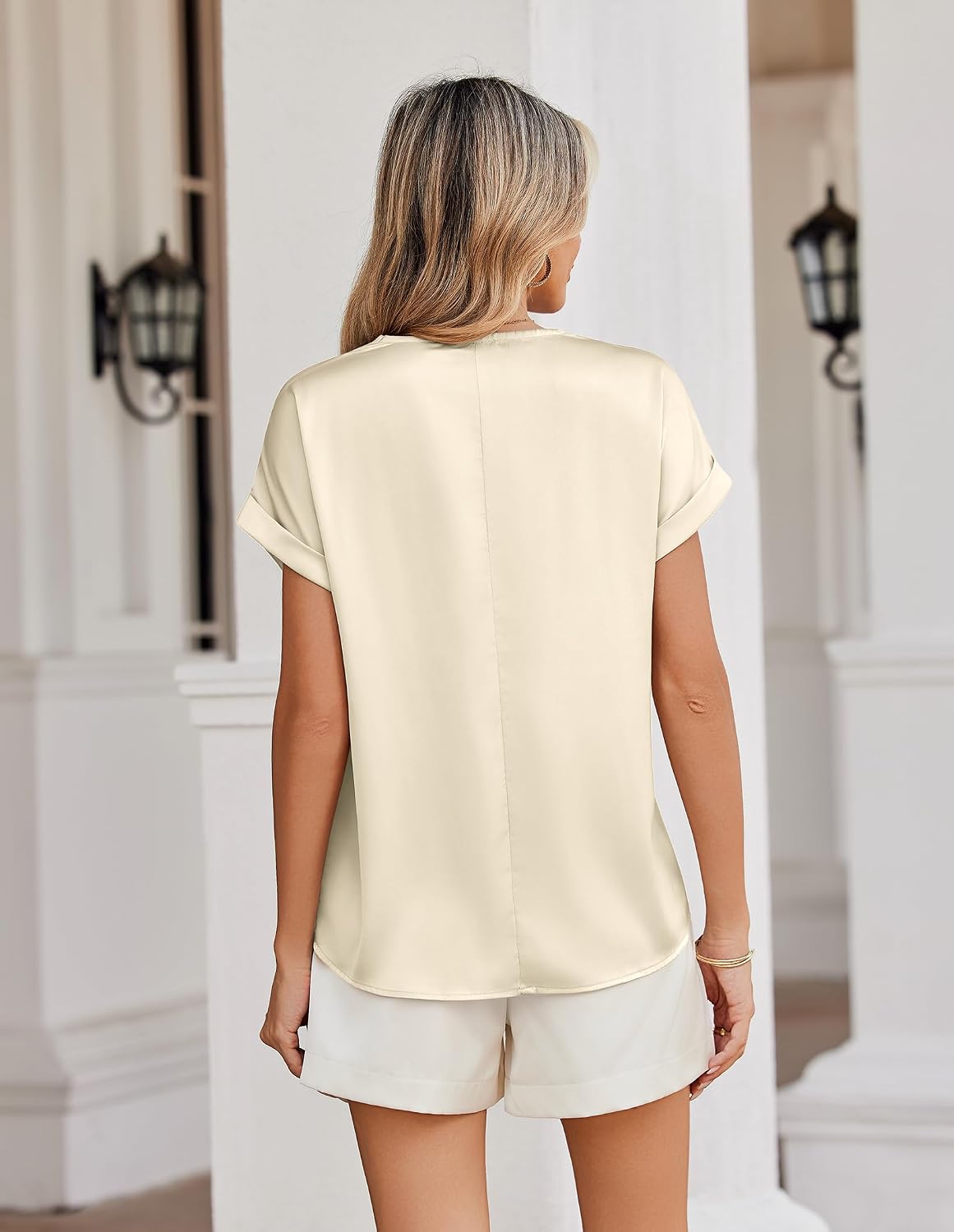 Zeagoo Dam-t-shirt, satinblus, spets, v-ringad, skjorta, eleganta blusar, kortärmad tunika, topp, lediga toppar, sommar, lösa toppar