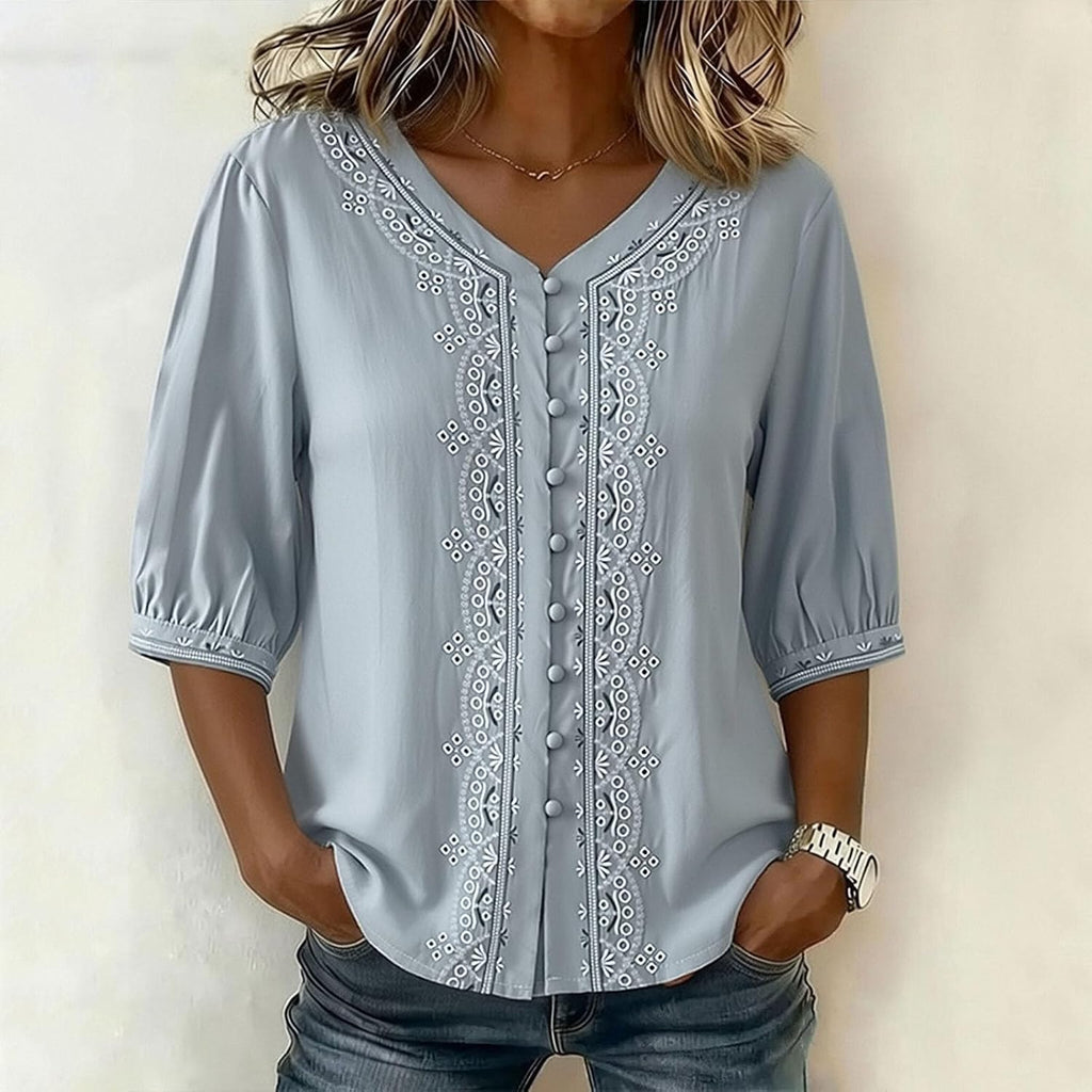 Kvinnors boho toppar bomull linne halvärm v-ringad retro broderade skjortor groda knapp kinesisk stil skjorta damer lös ledig sommar topp