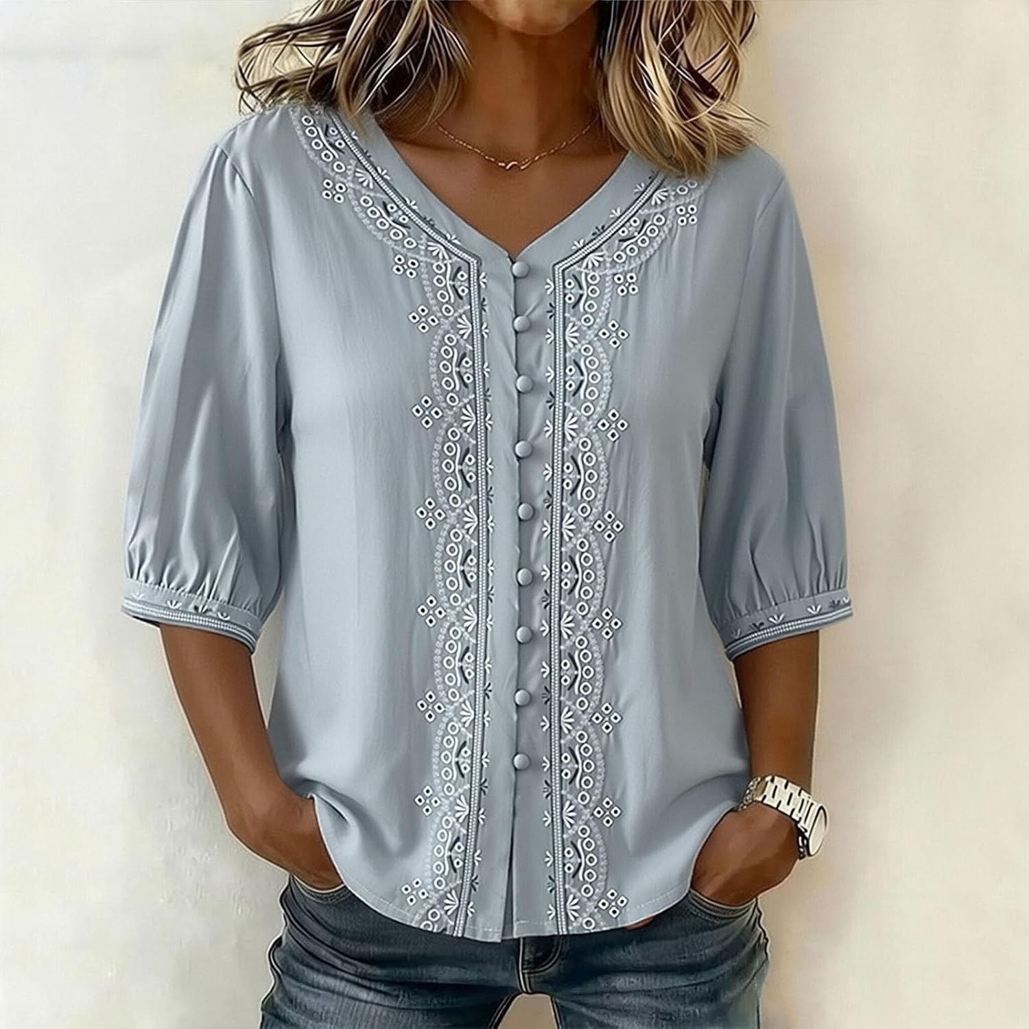 Kvinnors boho toppar bomull linne halvärm v-ringad retro broderade skjortor groda knapp kinesisk stil skjorta damer lös ledig sommar topp