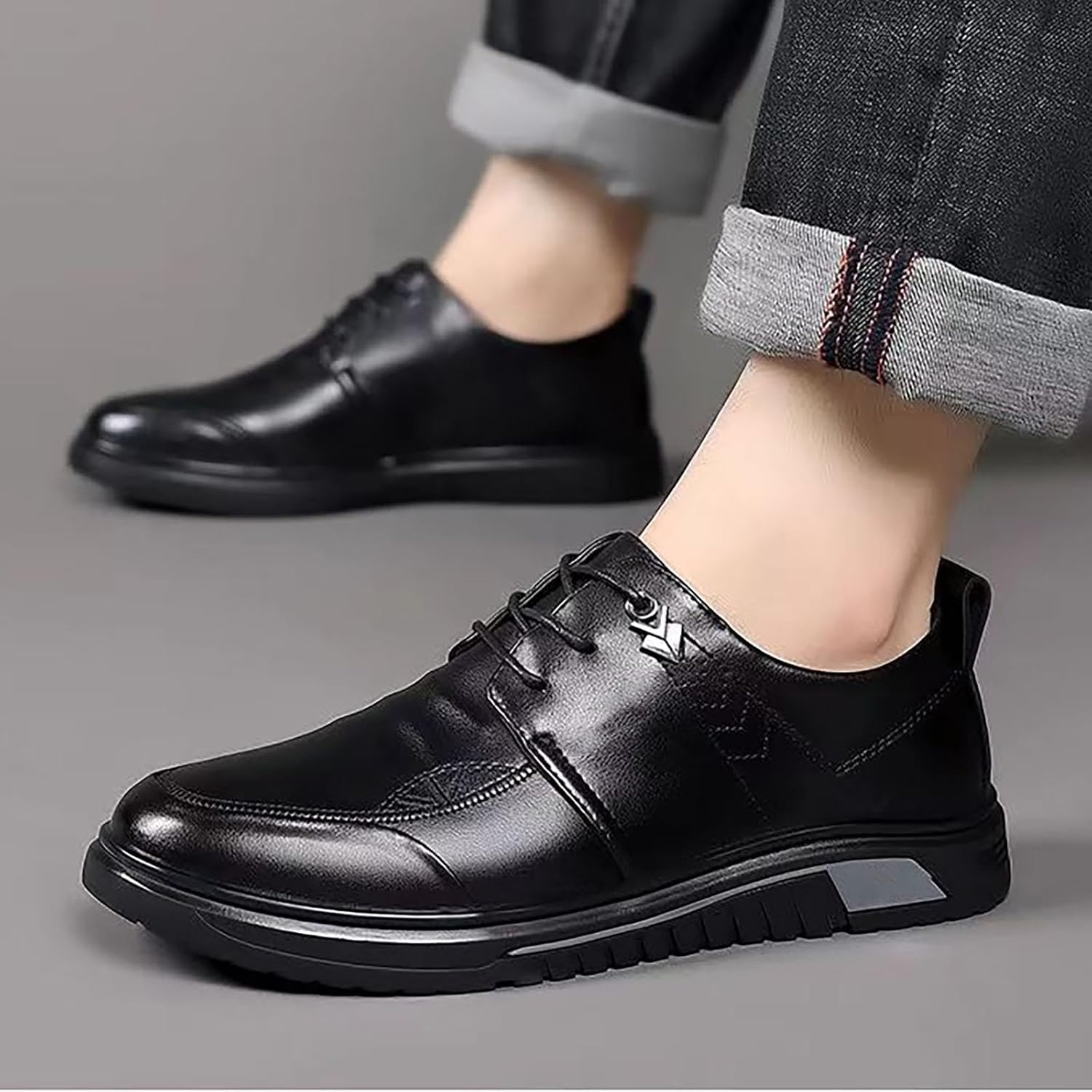 Herr smart casual snörning läder Oxfords moderna finskor lätta affärer fritid skor för vardagskläder, Svart, 38 EU