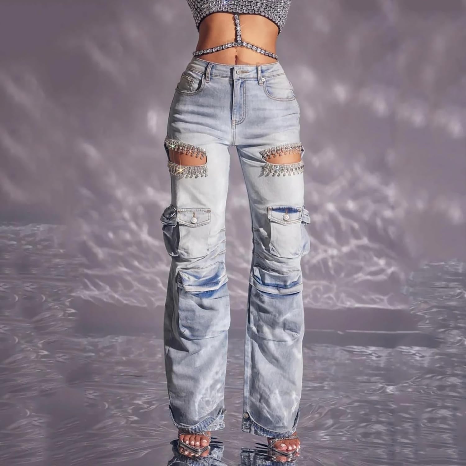 Kvinnor Baggy Ripped Jeans Strass High Waisted Cargo Jeans med Lockfickor Y2k Byxor med Vida Ben Streetwear Ripped Raka Jeans Sexiga Trendiga Jeans