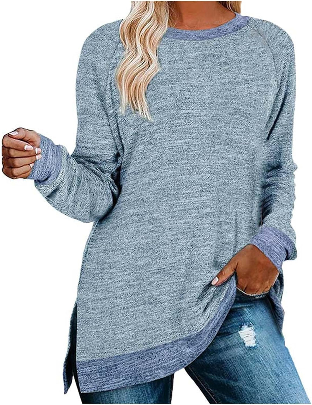 HUIFUAO T-shirt för kvinnor långärmad rund hals färgblock delad topp lös pullover topp skjorta kvinnor svart plus size t-shirt