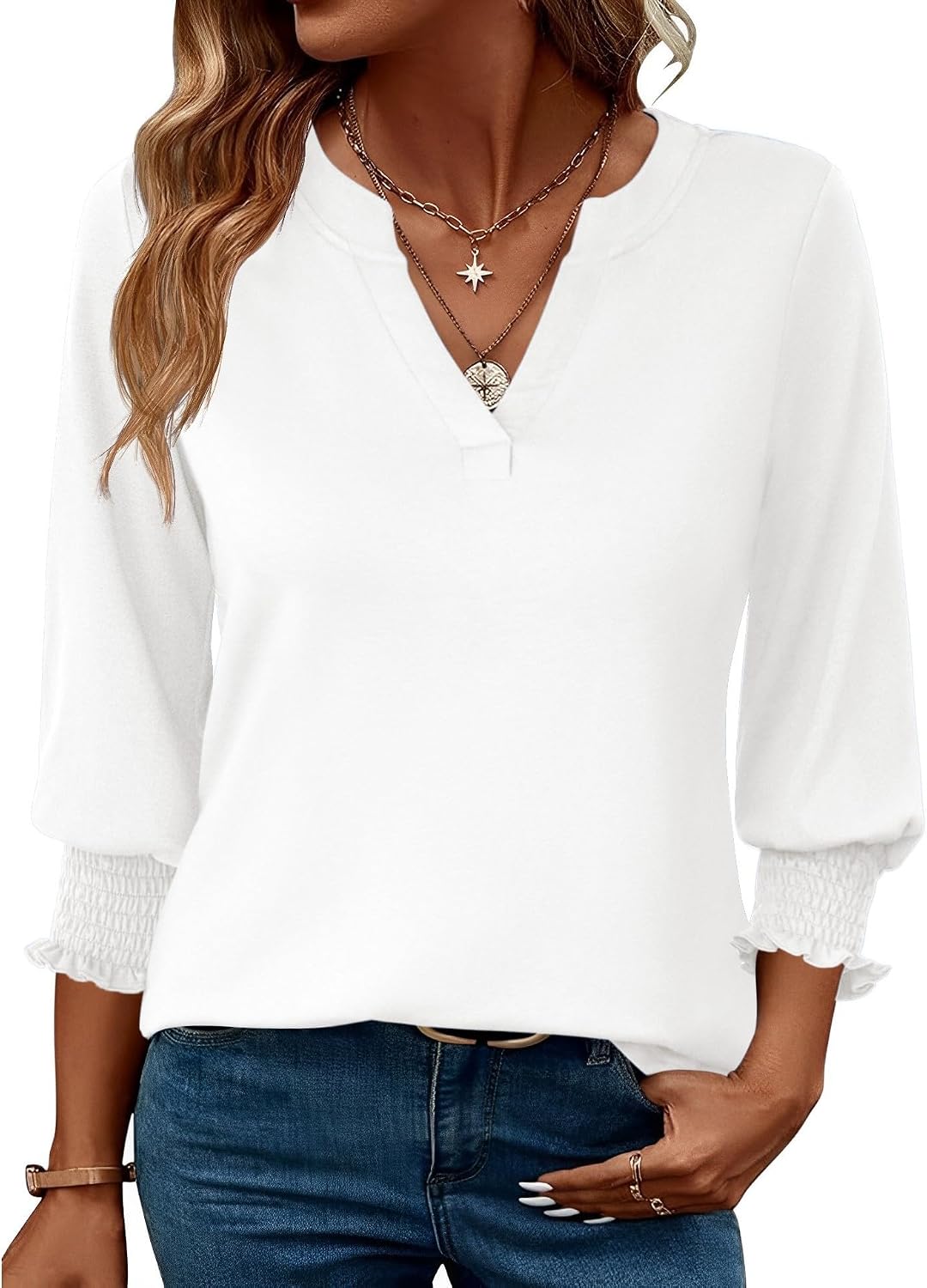 Rapbin Damblus med 3/4-ärm, lång V-ringad tunika, sommartopp, elegant, ledig blus, topp