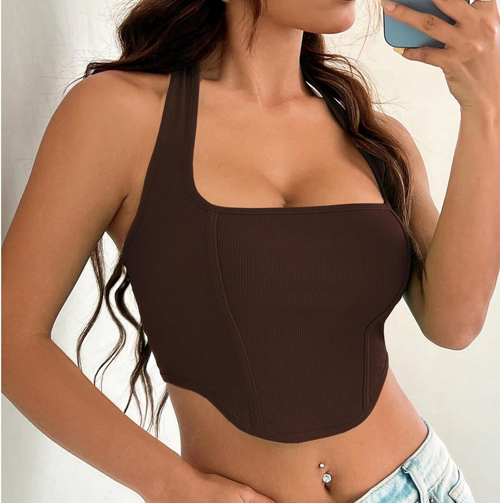 Square Neck Halter Crop Tops for Women, Fashion Hanging Neck Casual Versatile Tank Top