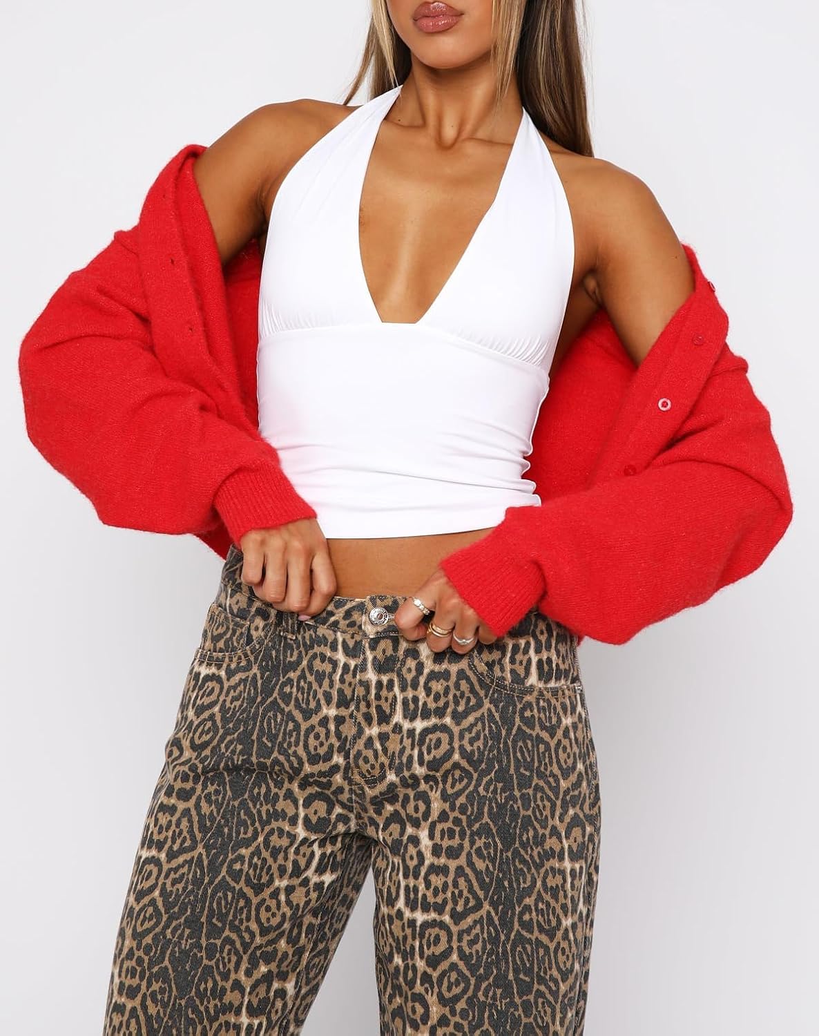 Dam sexig hållare djup V-hals backless crop tank top öppen rygg ärmlös smal passform Y2k sommartoppar