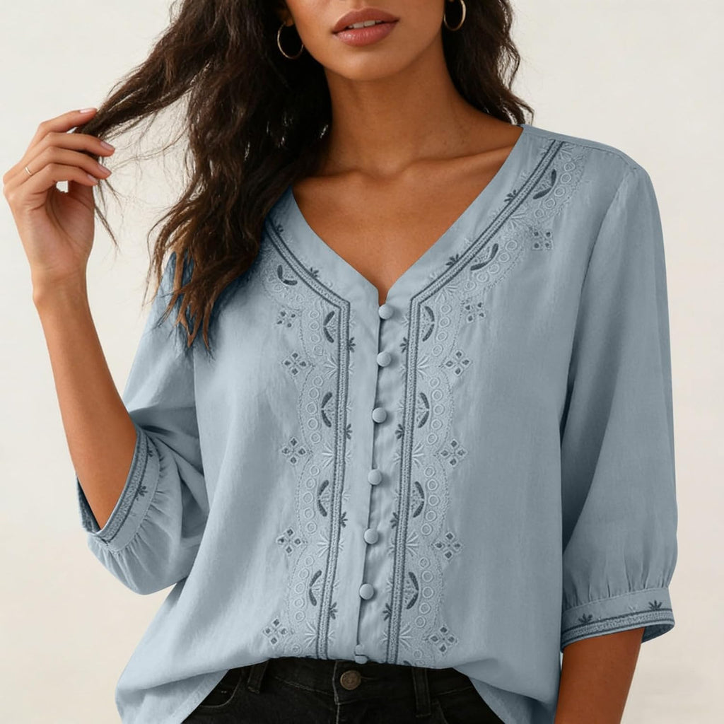 Kvinnors boho toppar bomull linne halvärm v-ringad retro broderade skjortor groda knapp kinesisk stil skjorta damer lös ledig sommar topp