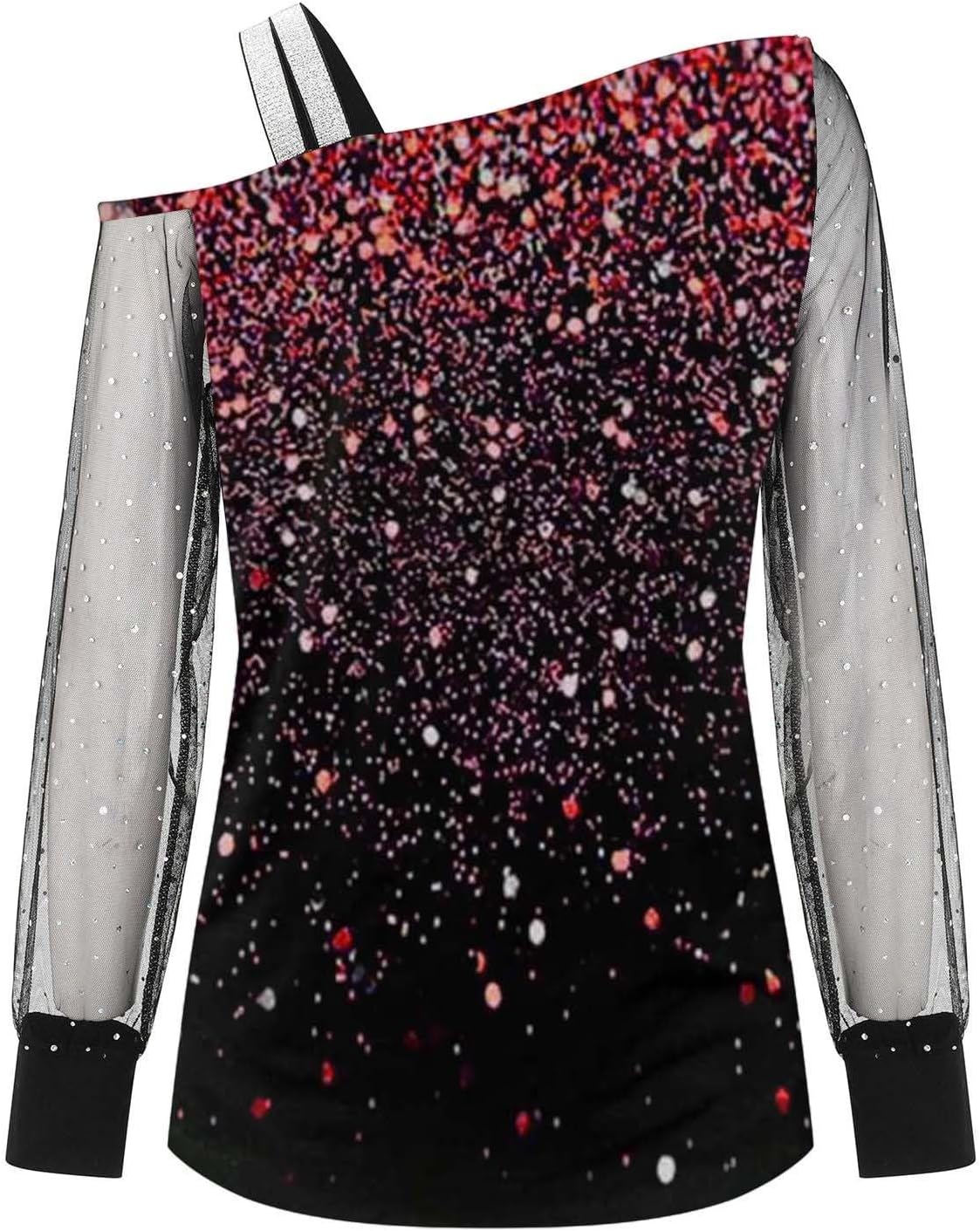 Elegant damskjorta paljetter nyår axellös elegant nät med paljetter plus storlek t-shirts för fest och kväll cocktail ceremoni kurviga toppar långärmad glitter blus 2025