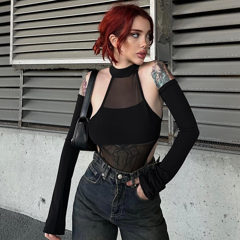 Damer långärmad mock neck sheer mesh top Y2k streetwear rave outfit