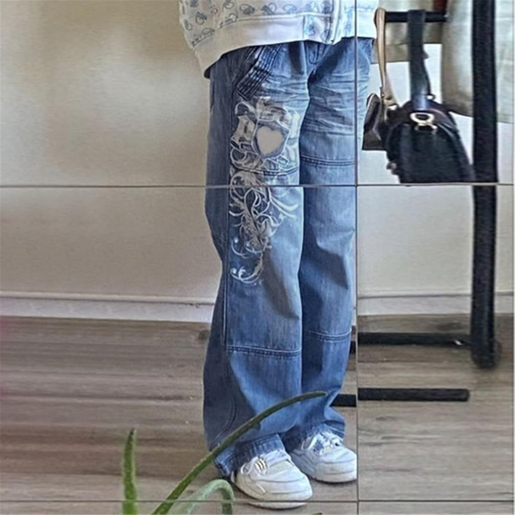 Kvinnor Y2k-jeans, gothstil, byxor i punkig emostil, säckiga, utsvängda jeans, breda ben, Harajuku grunge-byxor, hiphop-kläder