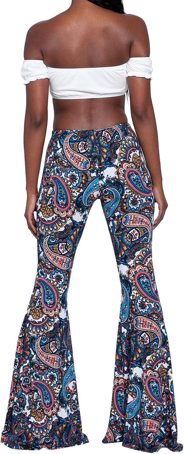 Nuofengkudu Dam vintage tryckta långa utsvängda byxor hög midja stretchiga vida ben yogabyxor