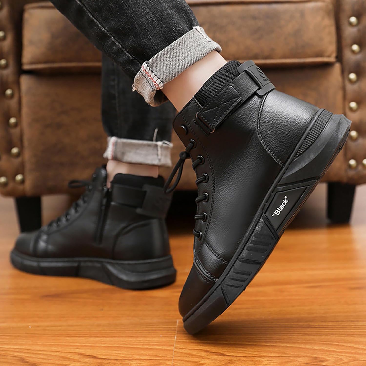 Syntetiska PU-lädersneakers för män, herrstövlar, mjuka fuskläderstövlar bred passform, mjukt fuskläder lätta tossor, fotvalvstöd bekväma skor för Nashville resor, avslappnad dejting