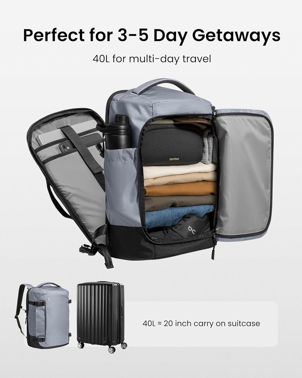 tomtoc 40L Reseryggsäck, TSA-vänlig handbagage-ryggsäck Reseryggsäck för 15,6-17 tums bärbar dator, flyggodkänd ombordstigning Vattenavvisande kabinryggsäck för resor Weekender Trip