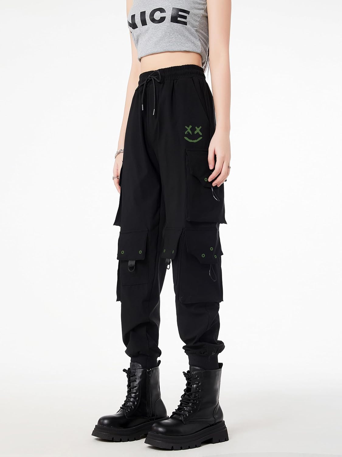CLOAKA Cargobyxor dambyxor, joggingbyxor, hög midja, Y2k, gotiska, techwear, streetwear, cargobyxor, stretch, bekväma med elastiskt band, lös säckig utomhus, hip hop-tryck