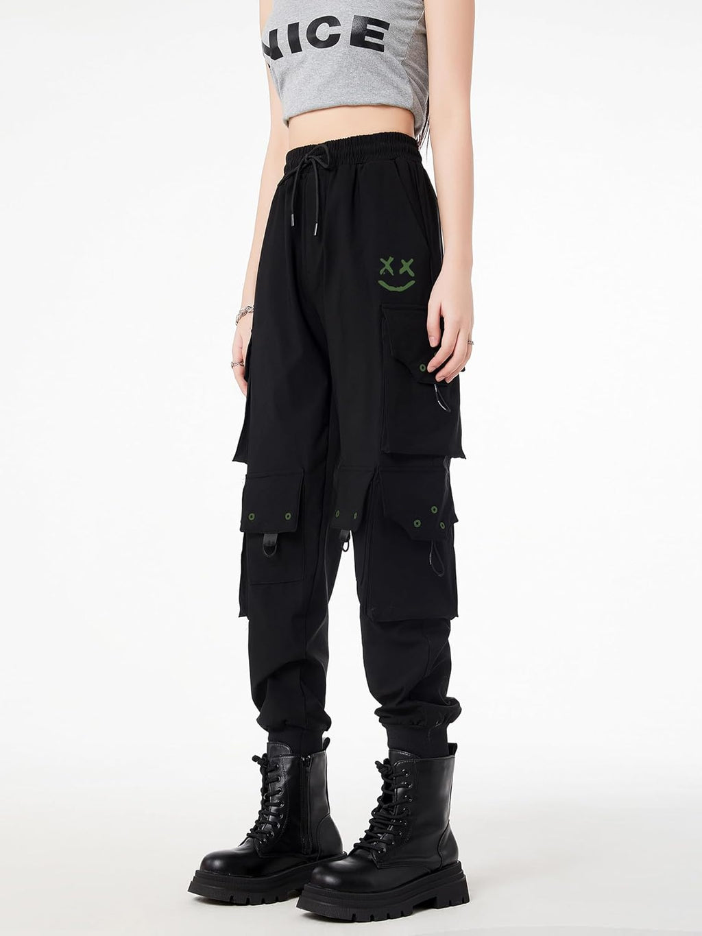 CLOAKA Cargobyxor dambyxor, joggingbyxor, hög midja, Y2k, gotiska, techwear, streetwear, cargobyxor, stretch, bekväma med elastiskt band, lös säckig utomhus, hip hop-tryck