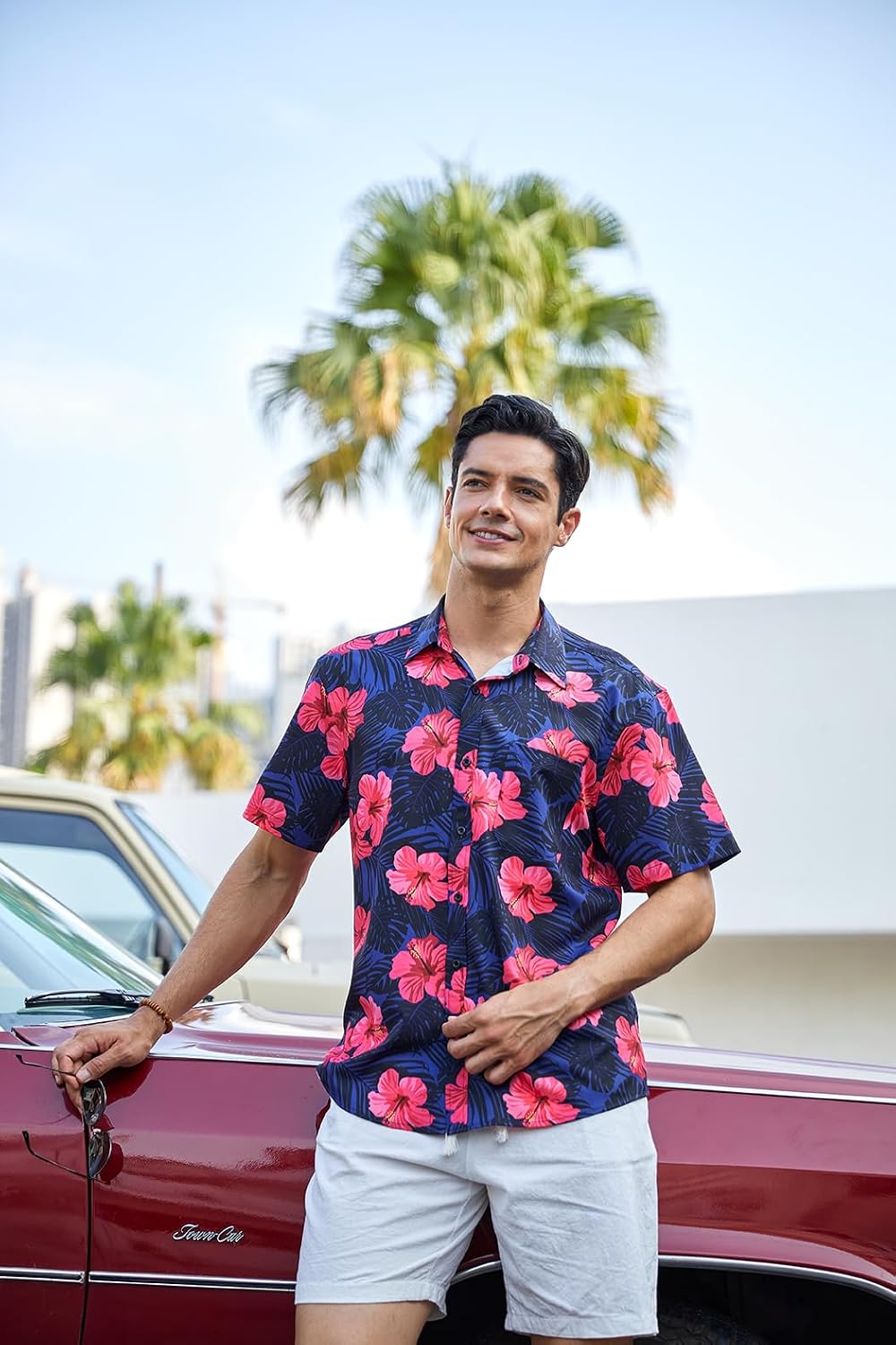 Enlision Funky Hawaii-skjorta för män, kortärmad, fritid, Hawaii-skjorta, tryck, ananas palmer, blommor, ledig, unisex, Hawaii-skjorta med framficka, S-2XL