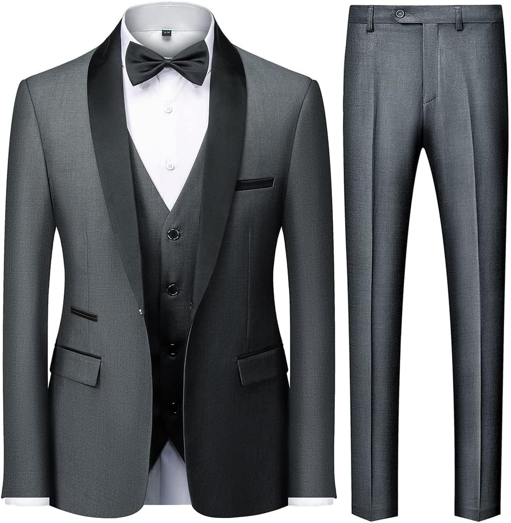 Herrar 3 stycken kostym slim fit en knapp halsduk revers för bröllop bal kavaj väst byxor set