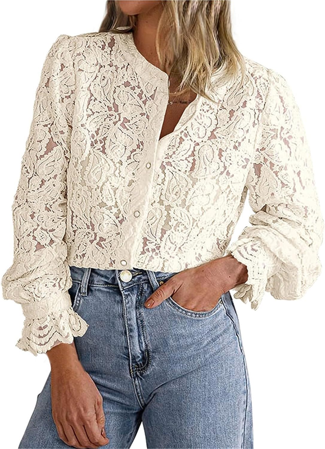Festliga blusar damer elegant med spets: spets topp damer röd – spetsblus vintage v-ringad blusar tunika lös långärmad skjorta enfärgad spets toppar blus skjorta damblusar