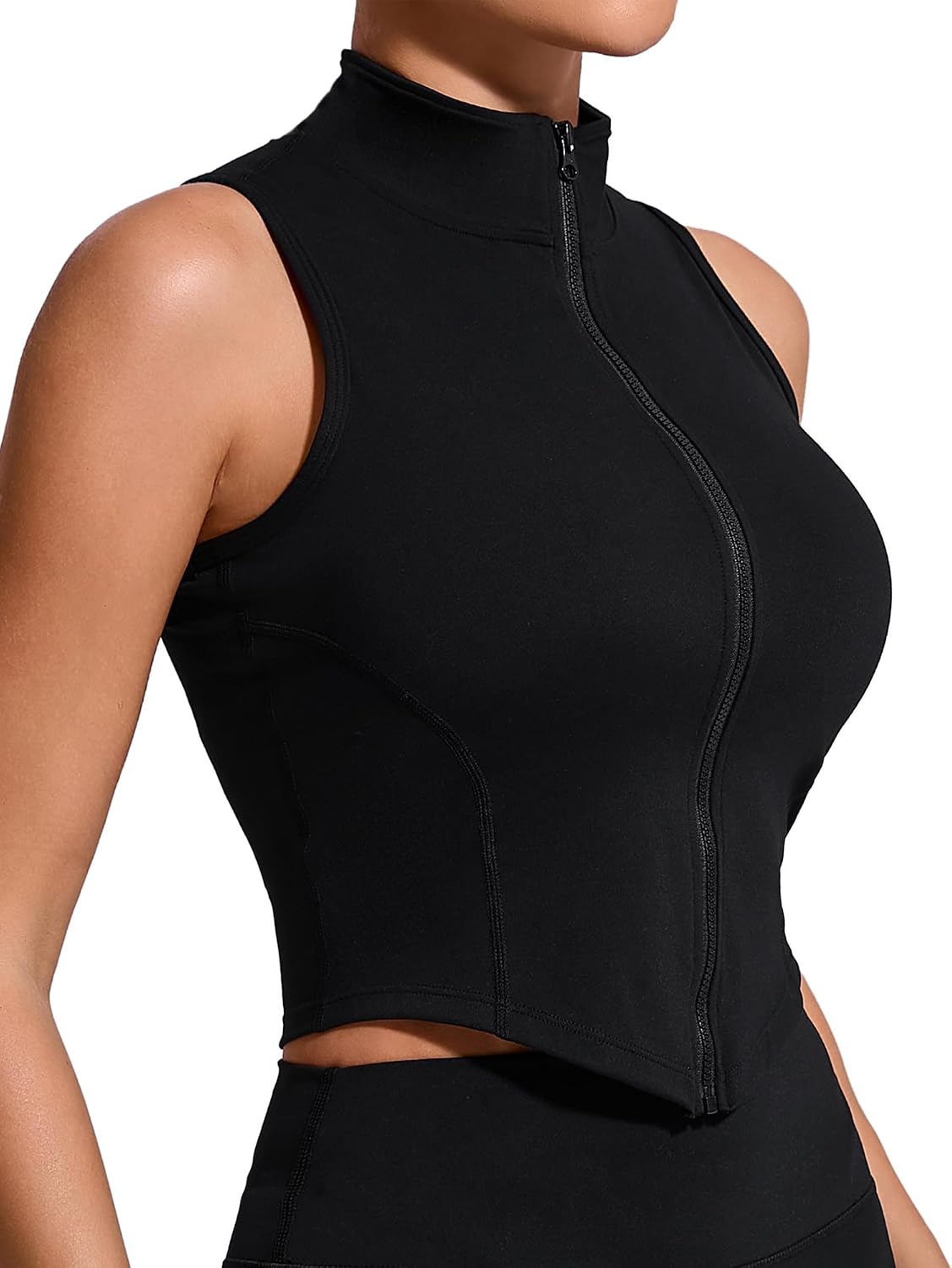 SEAUR Sport crop top damer ärmlös dragkedja tank topp tunn ståkrage tajt topp smal passform snabbtorkande för gym fitness träning S–L