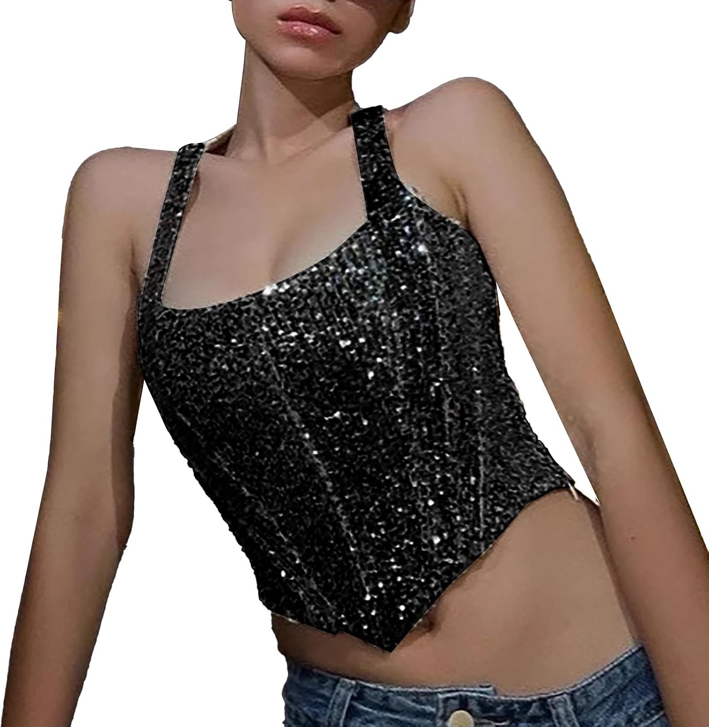 Glitterlinne, damer, slim fit, party, topp, damer, sexig, paljettskjorta, elegant axelbandstopp, glitter, linne, all matchning, sequin, liten väst, toppar, trendig väst, karneval, camisole