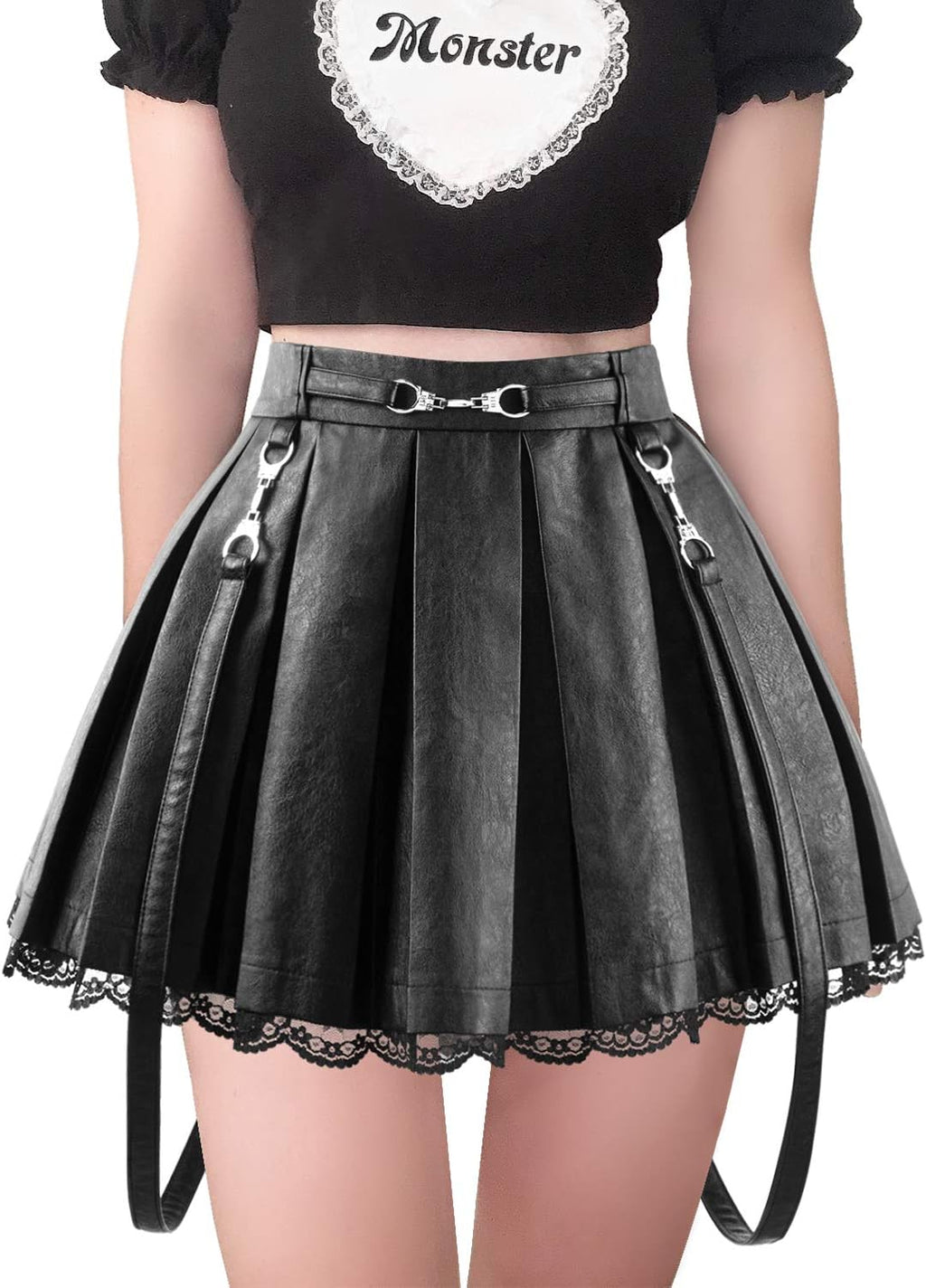 LittleForBig Damer A-linje veckad PU konstläder Flared Casual spets Mini kjol - Troublemaker