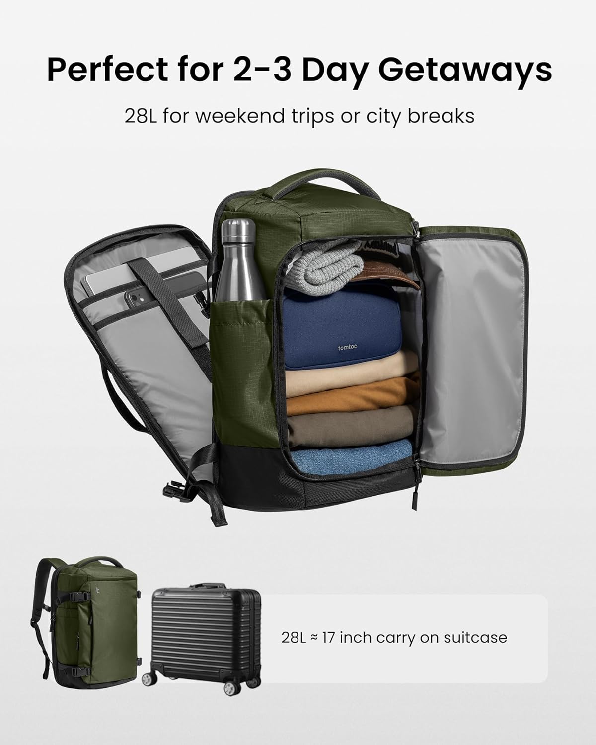 tomtoc 40L Reseryggsäck, TSA-vänlig handbagage-ryggsäck Reseryggsäck för 15,6-17 tums bärbar dator, flyggodkänd ombordstigning Vattenavvisande kabinryggsäck för resor Weekender Trip