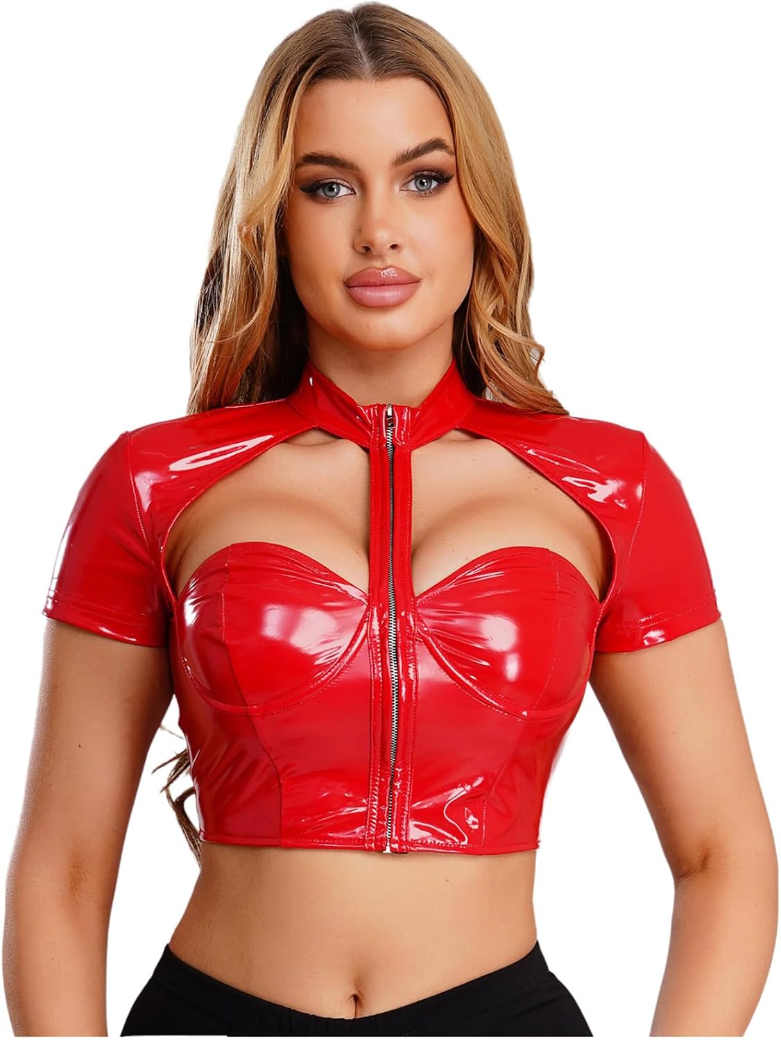 Lack läder crop top damer camisole korsett push up t-tröja med korta ärmar, klubbkläder