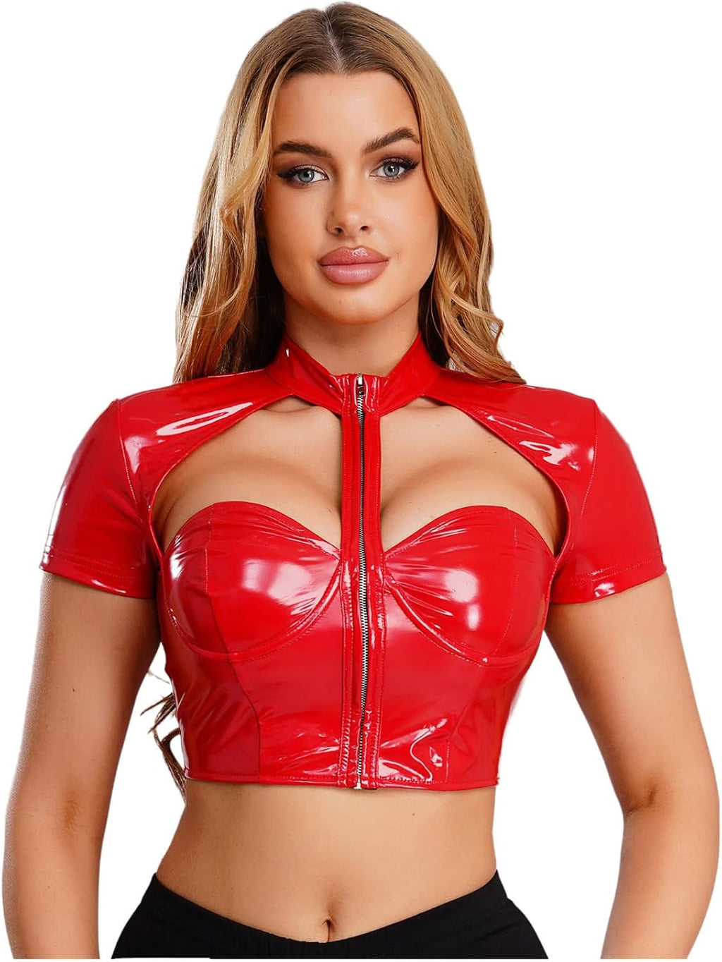 Lack läder crop top damer camisole korsett push up t-tröja med korta ärmar, klubbkläder