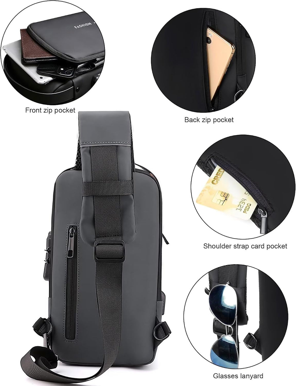 Axelväskor för män och kvinnor, vattentät bröstväska med USB-laddningsport stöldskydd lösenordslås crossbody ryggsäck liten flex axelväska för vandring cykling löpning resor