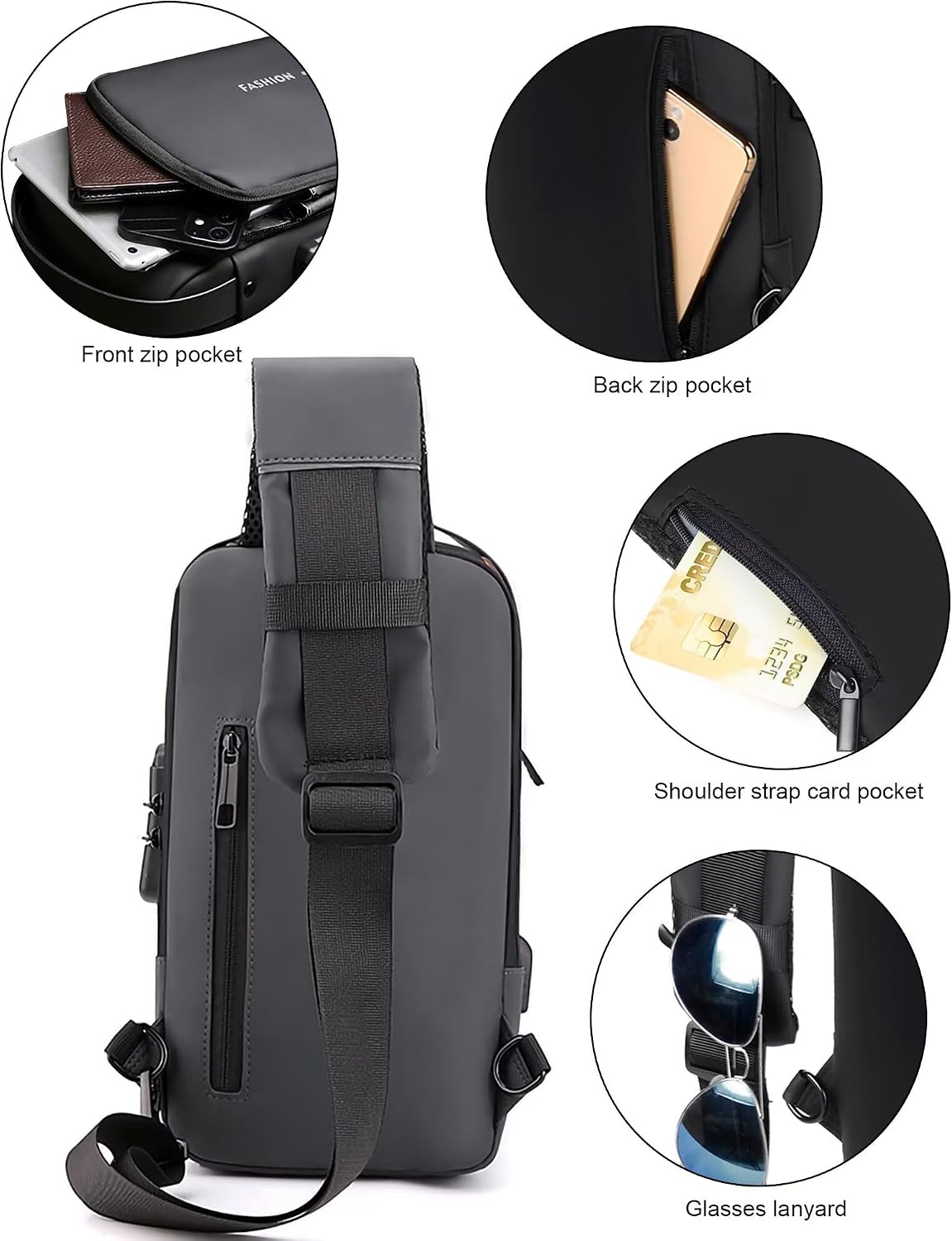 Axelväskor för män och kvinnor, vattentät bröstväska med USB-laddningsport stöldskydd lösenordslås crossbody ryggsäck liten flex axelväska för vandring cykling löpning resor