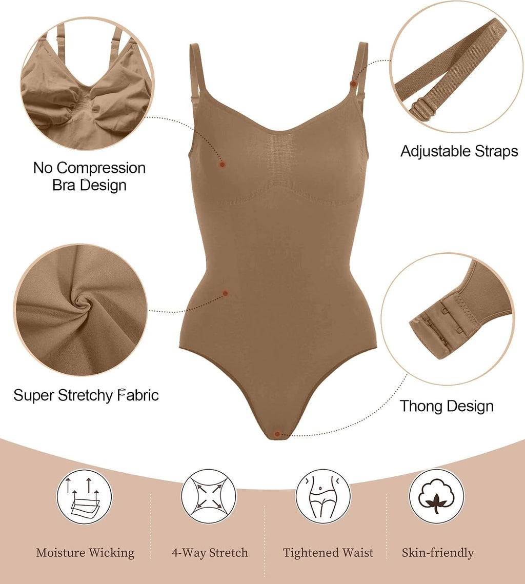 SHAPERX Women Sculpting Bodysuit Tummy Control Shapewear Seamless Body Shaper Thong Adjustable Straps