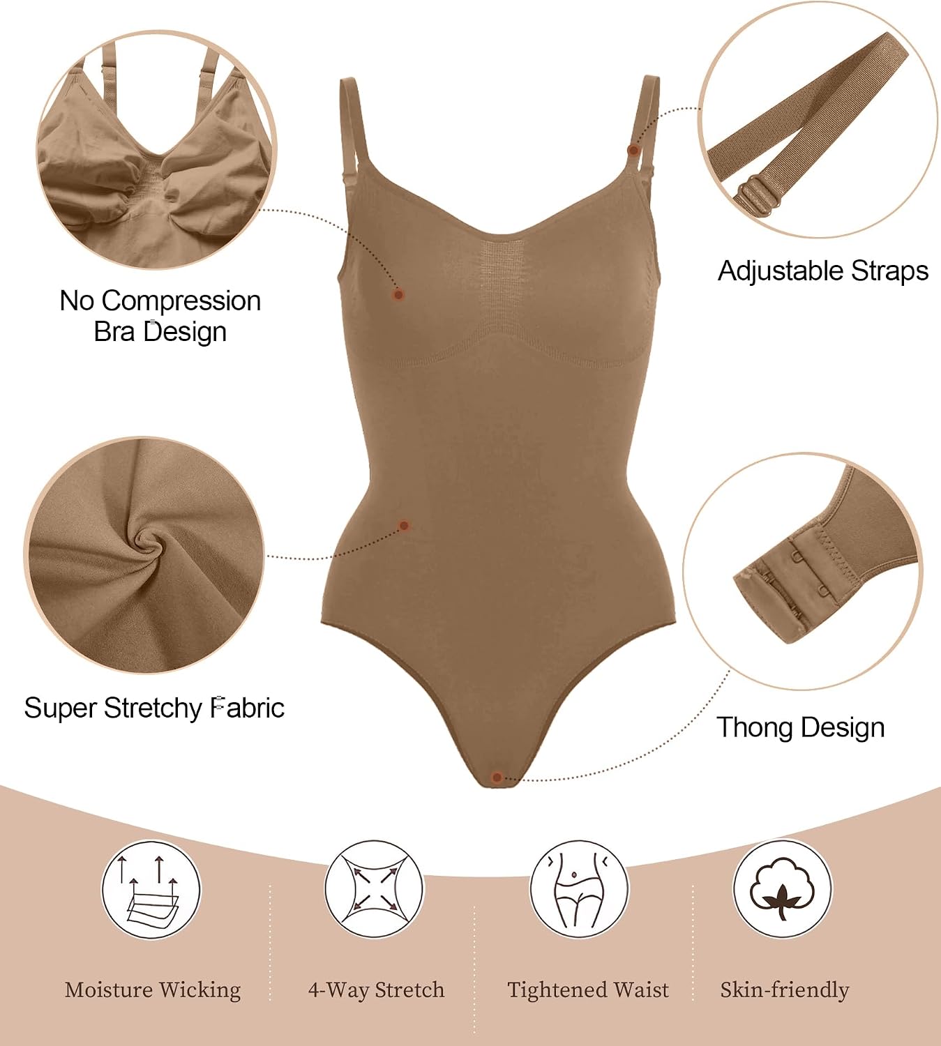 SHAPERX Women Sculpting Bodysuit Tummy Control Shapewear Seamless Body Shaper Thong Adjustable Straps