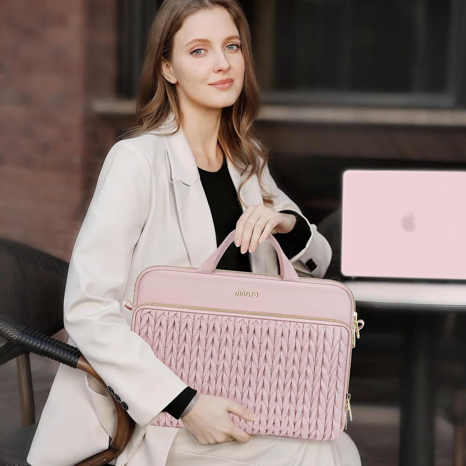 MOSISO Laptopväska, datorväskor, quiltad axelväska med handtag och ficka