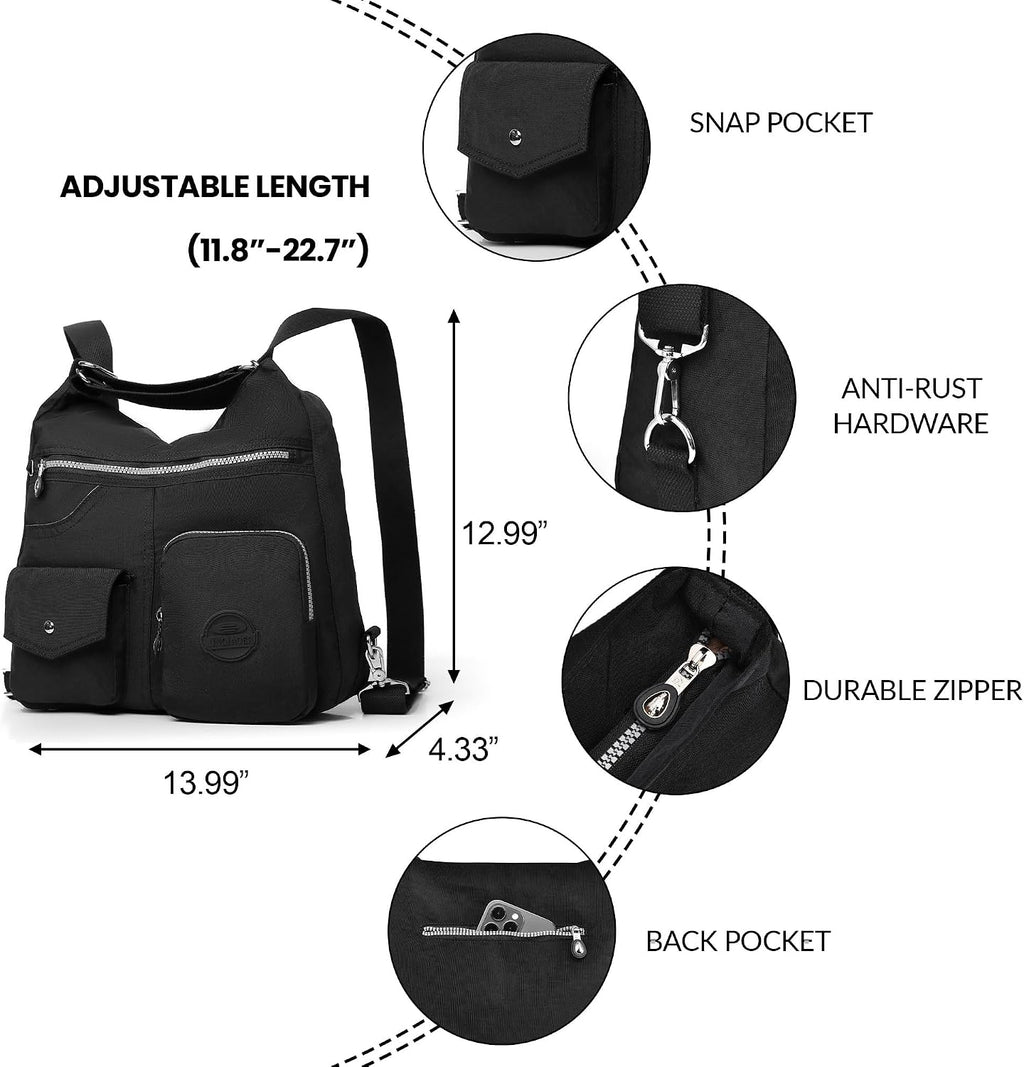Multifunktionell hobo-väska för kvinnor med RFID-skydd, vattentät nylon, crossbody-väska, axelhandväska, konvertibel ryggsäck