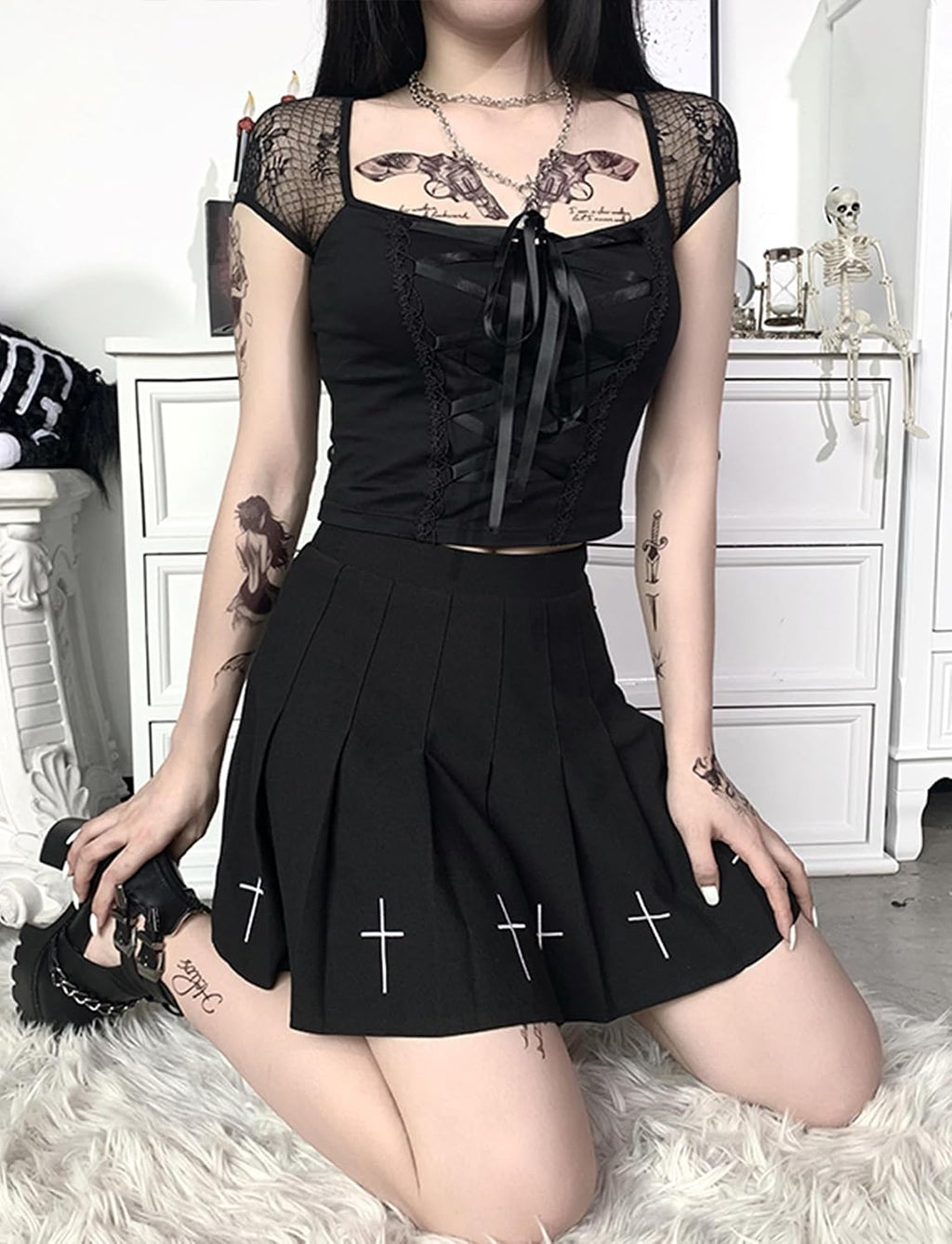 FEOYA Spets/PU gotisk väst för kvinnor sexig ärmlös punk magtröja kort/långärmad snörning toppar för halloween/cosplay/karneval/streetwear/fest/klubb/vardaglig XS-XL
