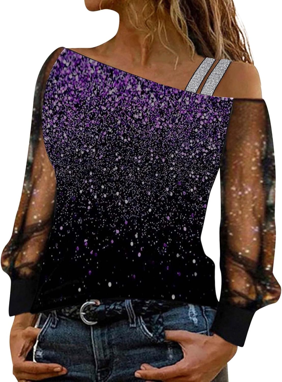 Elegant damskjorta paljetter nyår axellös elegant nät med paljetter plus storlek t-shirts för fest och kväll cocktail ceremoni kurviga toppar långärmad glitter blus 2025