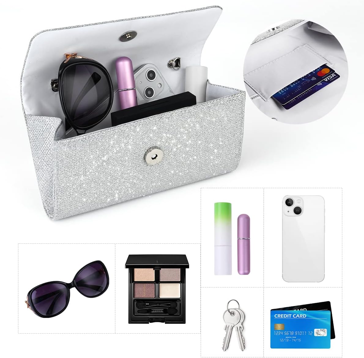 OSDUE kuvertväska för kvinnor, glitter, kuvert, kuvertväska med avtagbar kedjerem, eleganta paljetter, aftonväska för bröllop, brud, bal, cocktailparty, aftonväska för damer, Glitter fyrkantig