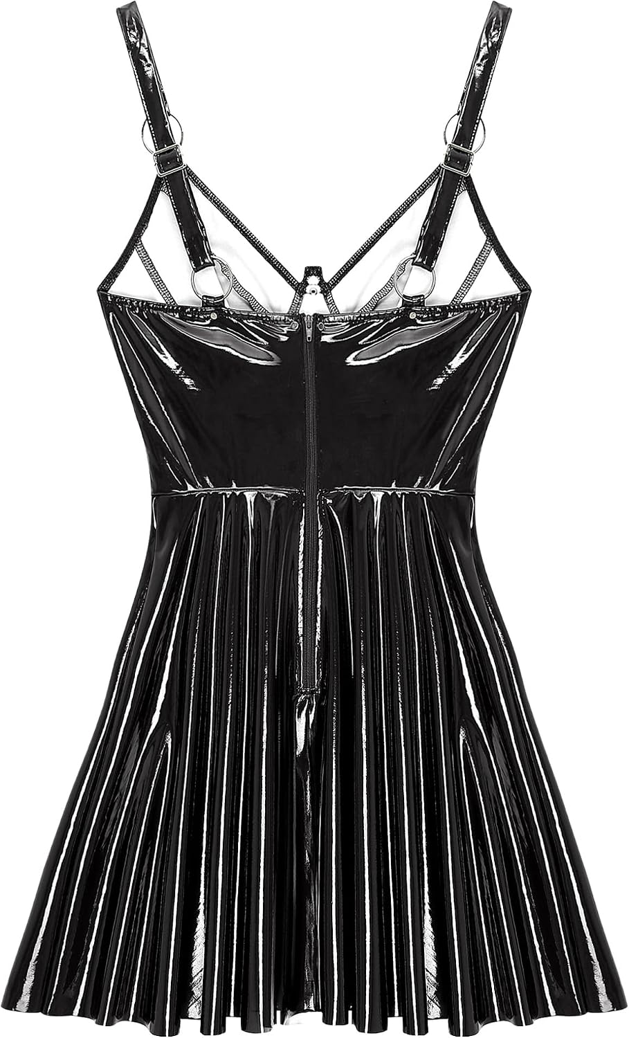 Kaerm Dam wetlook miniklänning lack latex festklänning ärmlös veckad klänning A linjer v-ringad sommarklänning med utsvängd veckad kjol klubbkläder