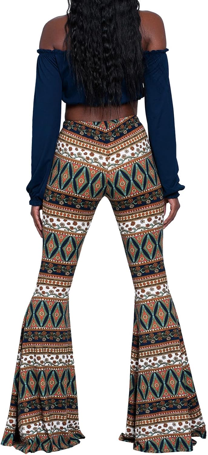 Nuofengkudu Dam vintage tryckta långa utsvängda byxor hög midja stretchiga vida ben yogabyxor