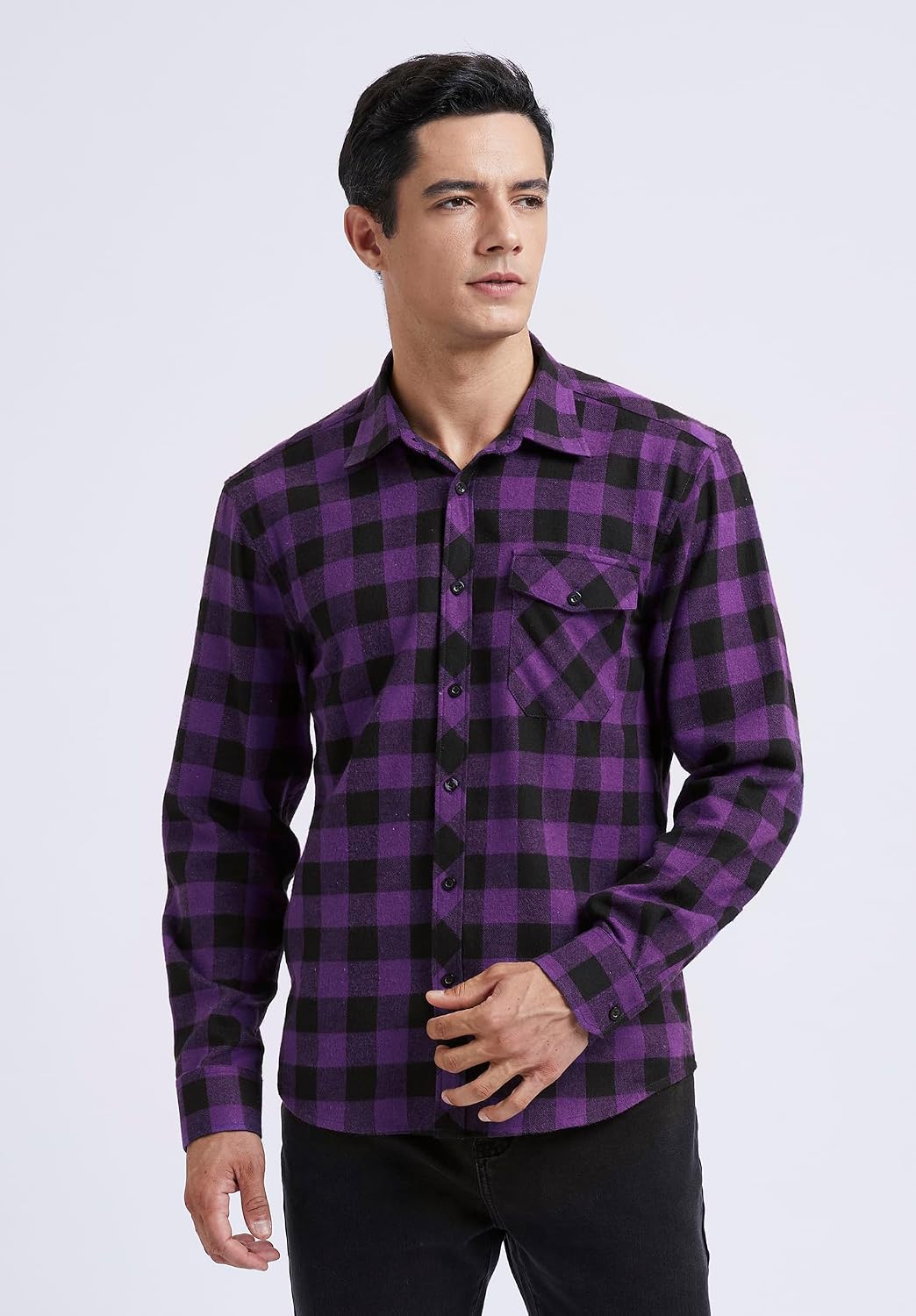 HISDERN Långärmad vardaglig rutig flanellskjorta rutig tartan button-down-skjortor för män S-4XL