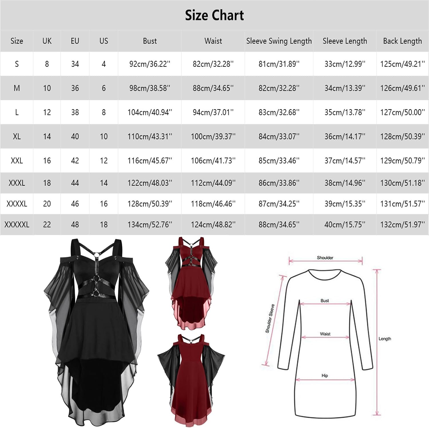 kostym halloween cocktailklänningar för kvinnor plus size mode gotisk midi-klänning croset lång utsvängd ärm fest A-linje medeltida korsetter för