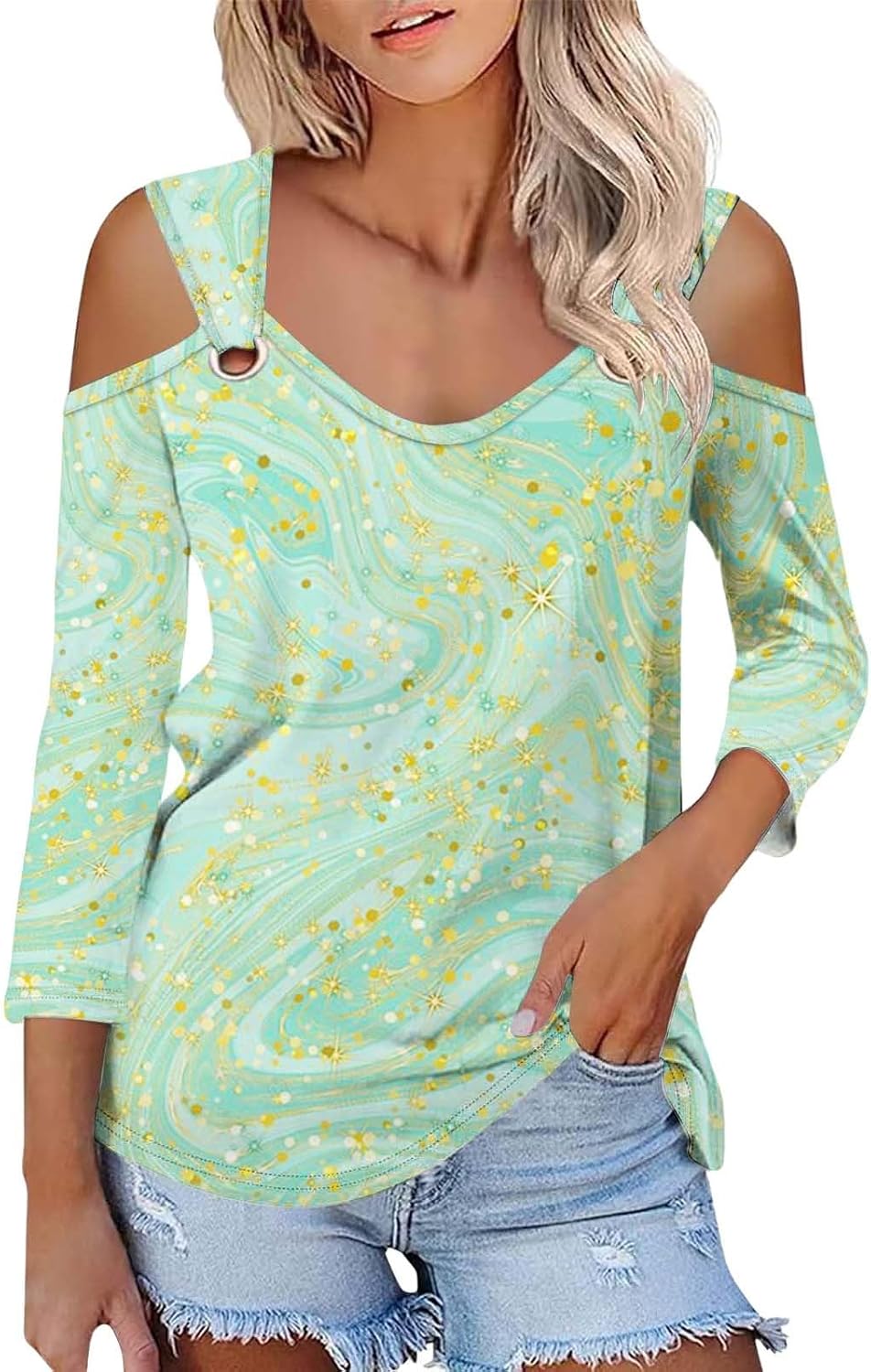 Enfärgad T-shirt för kvinnor, V-ringad och 3/4-ärmar i smal passform, sommarskjortor, topp, axellös, blustopp, toppar, eleganta fritidsskjortor, tryckt strandskjorta, t-shirt, stor storlek