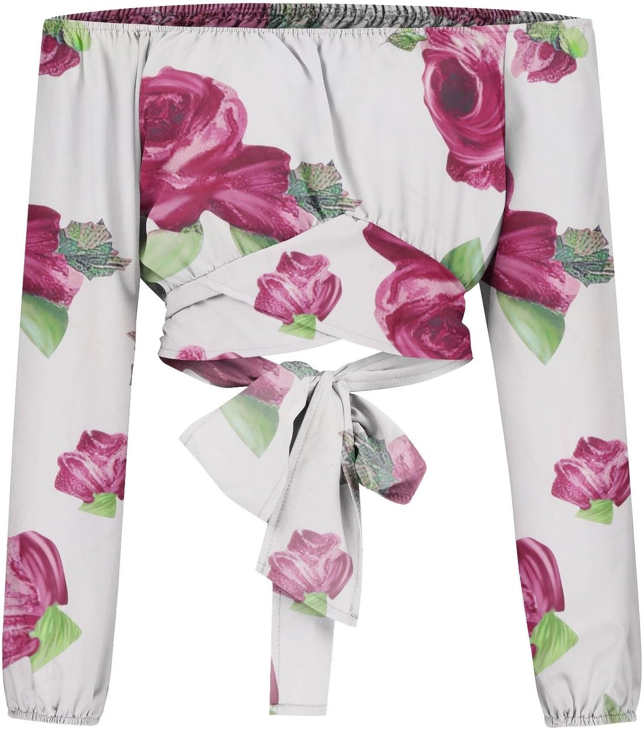 Off Shoulder Dam Crop Top Elegant Lanternärm Långärmad Rynkad Knytskärp Blus Sexy Shirt Semester Party Clubwear