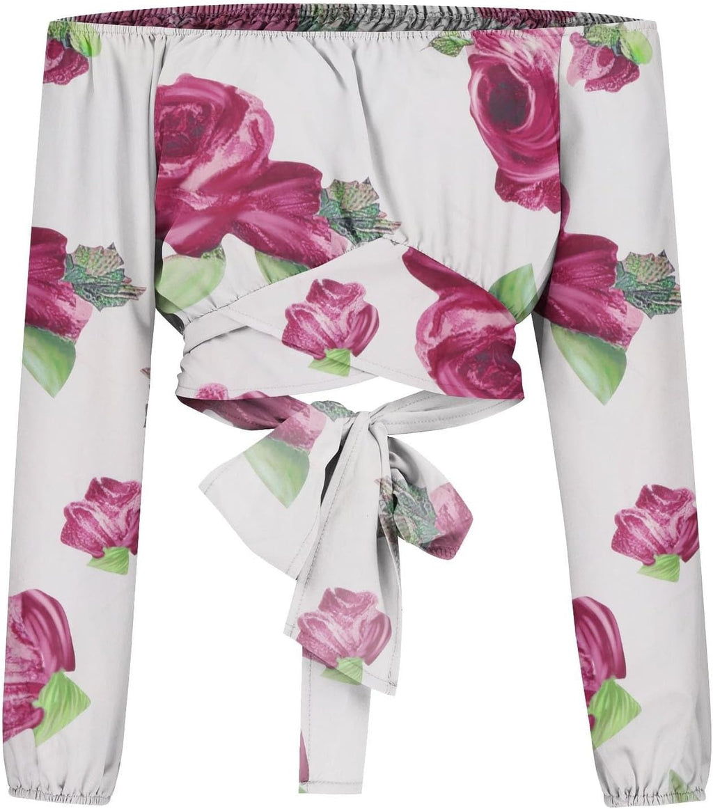 Off Shoulder Dam Crop Top Elegant Lanternärm Långärmad Rynkad Knytskärp Blus Sexy Shirt Semester Party Clubwear