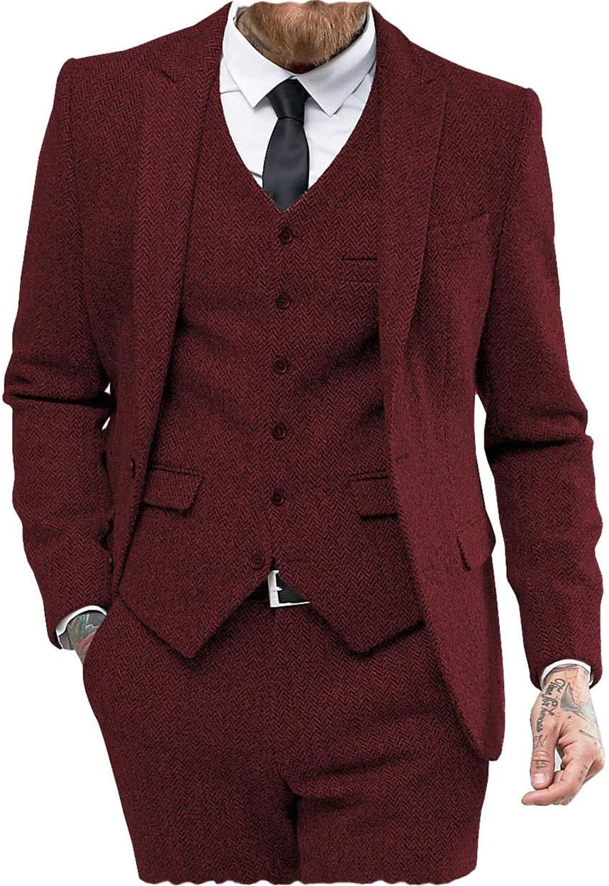 Klassiska herrkostymer normal passform 3 delar ull tweed fiskben by smoking bröllop brudgum blazer + väst + byxor