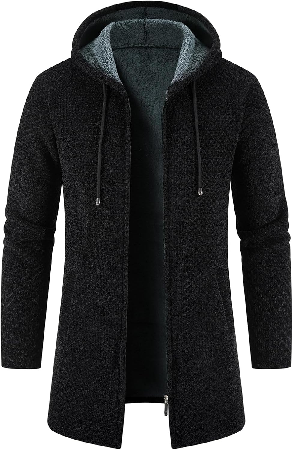 KUDORO Herrcardigan lång väst med dragkedja stickad kofta huvtröja tjock och ledig fleece tröja huvtröja